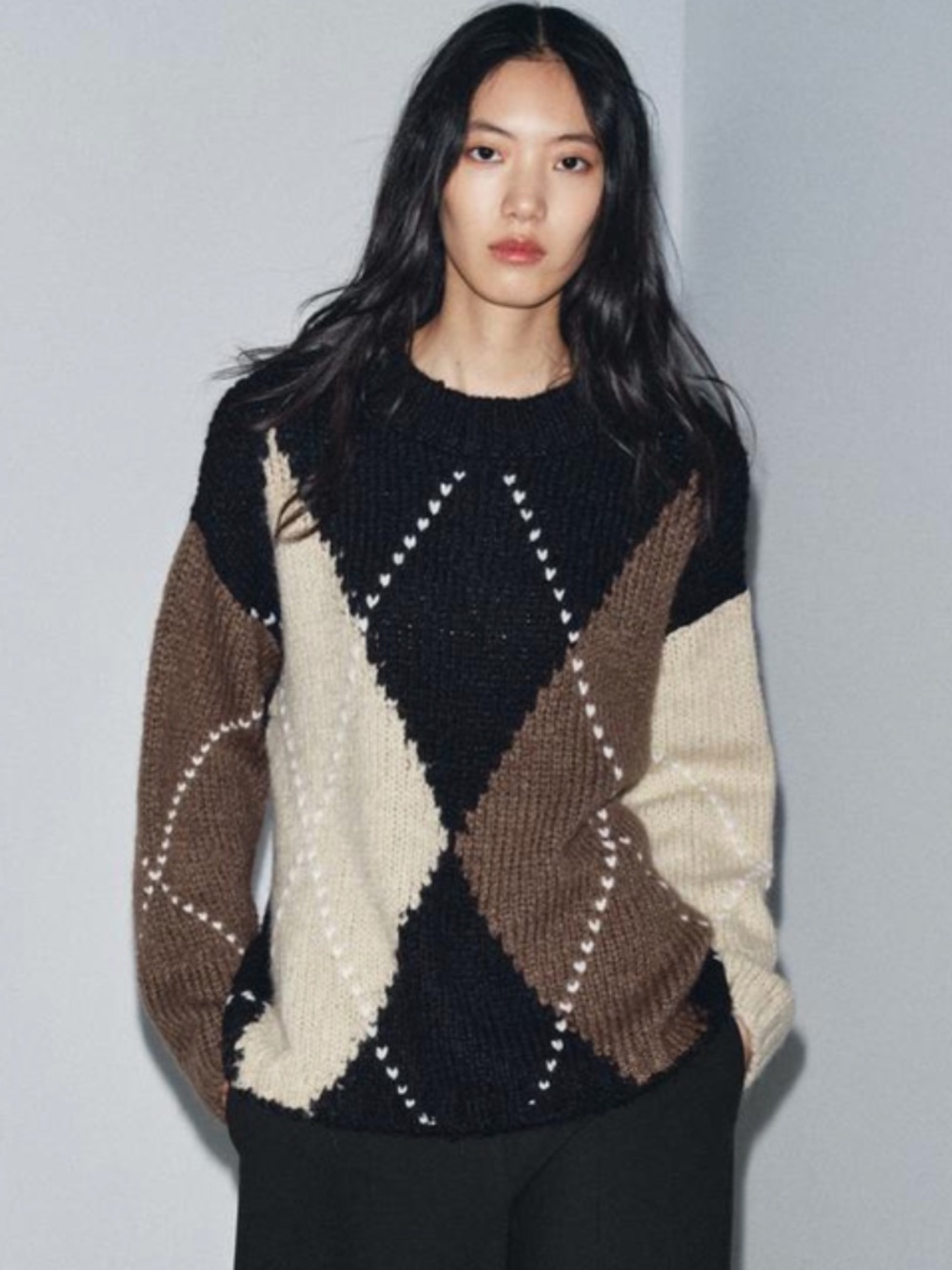 Zara Diamond Knit Jumper. Brown/black/ecru. Size L